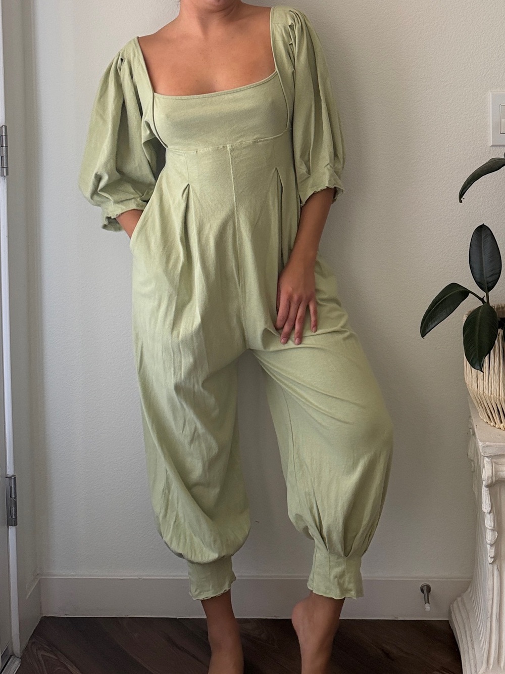 Free People Sage Green Puff-Sleeve Jumpsuit
